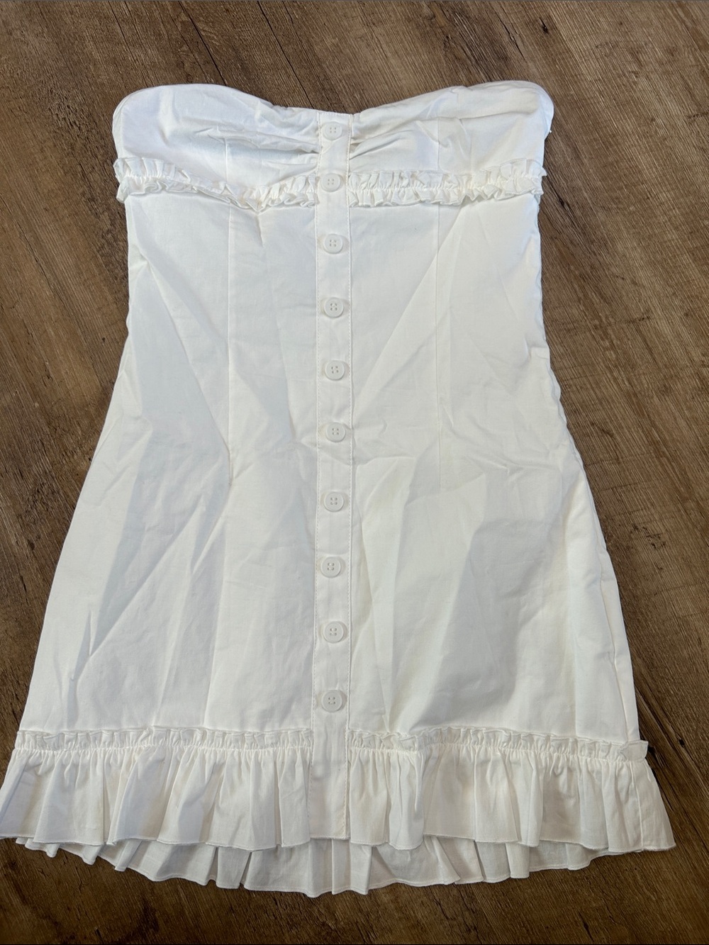 Tiger Mist Strapless White Ruffle Button-Front Mini Dress